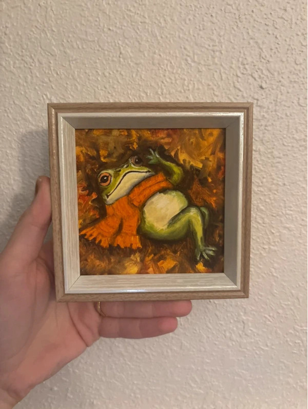 "Falling Leaves Frog” Original oil painting PRINT mini framed 4x4"